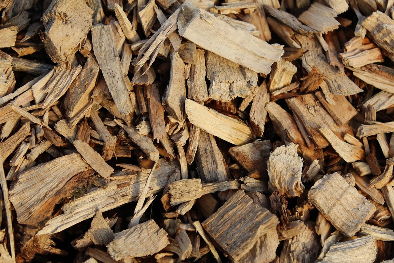 Fresh wood mulch spread across a garden bed.